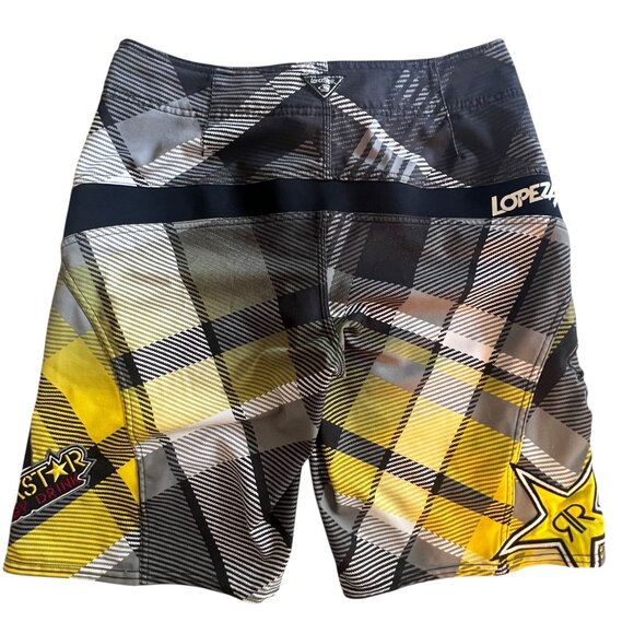O'Neill Lopez Freak Rockstar Energy Plaid Boardshorts 30 Yellow Black Surf Y2K - Picture 3 of 16